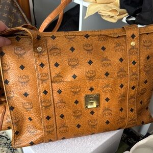 MCM Tan Leather Shoulder Bag with Logo Pattern